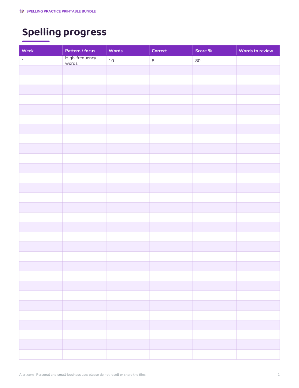 Preview of Printable Spelling Progress Tracker